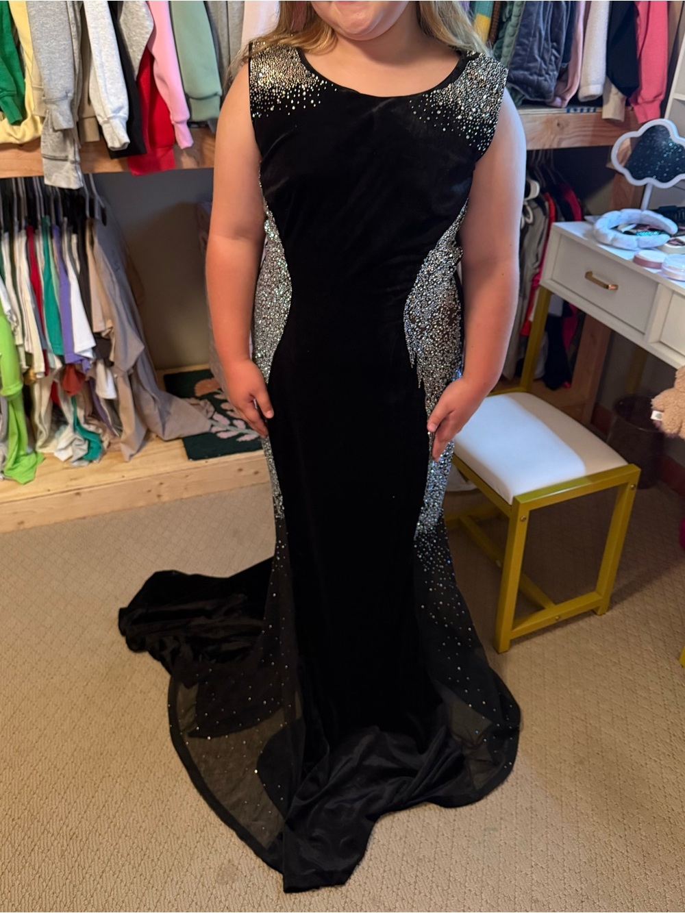 Black Velvet Evening Dress with Silver diamond Embellishment